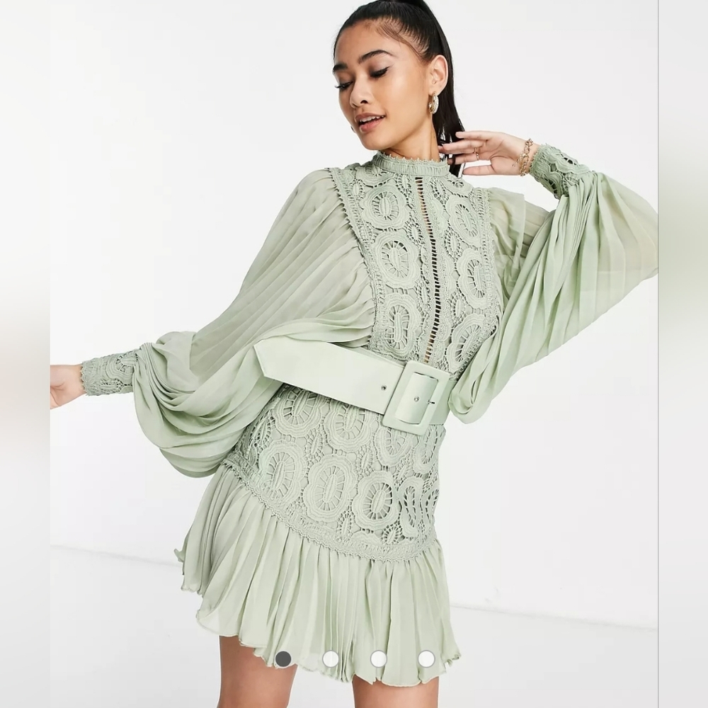 ASOS Light Sage Long Sleeve Crochet & Pleated Mini Dress